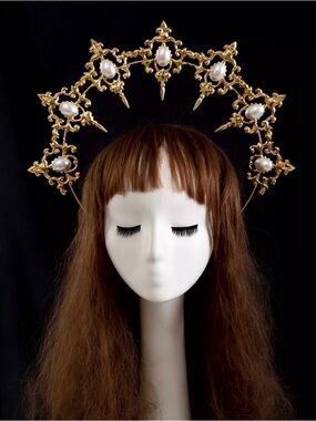 Gold Pearl Halo Crown Headpiece - Women Accessories